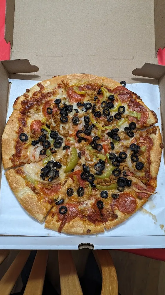 Pepperoni Sausage Onion Pepper and Olives Pizza